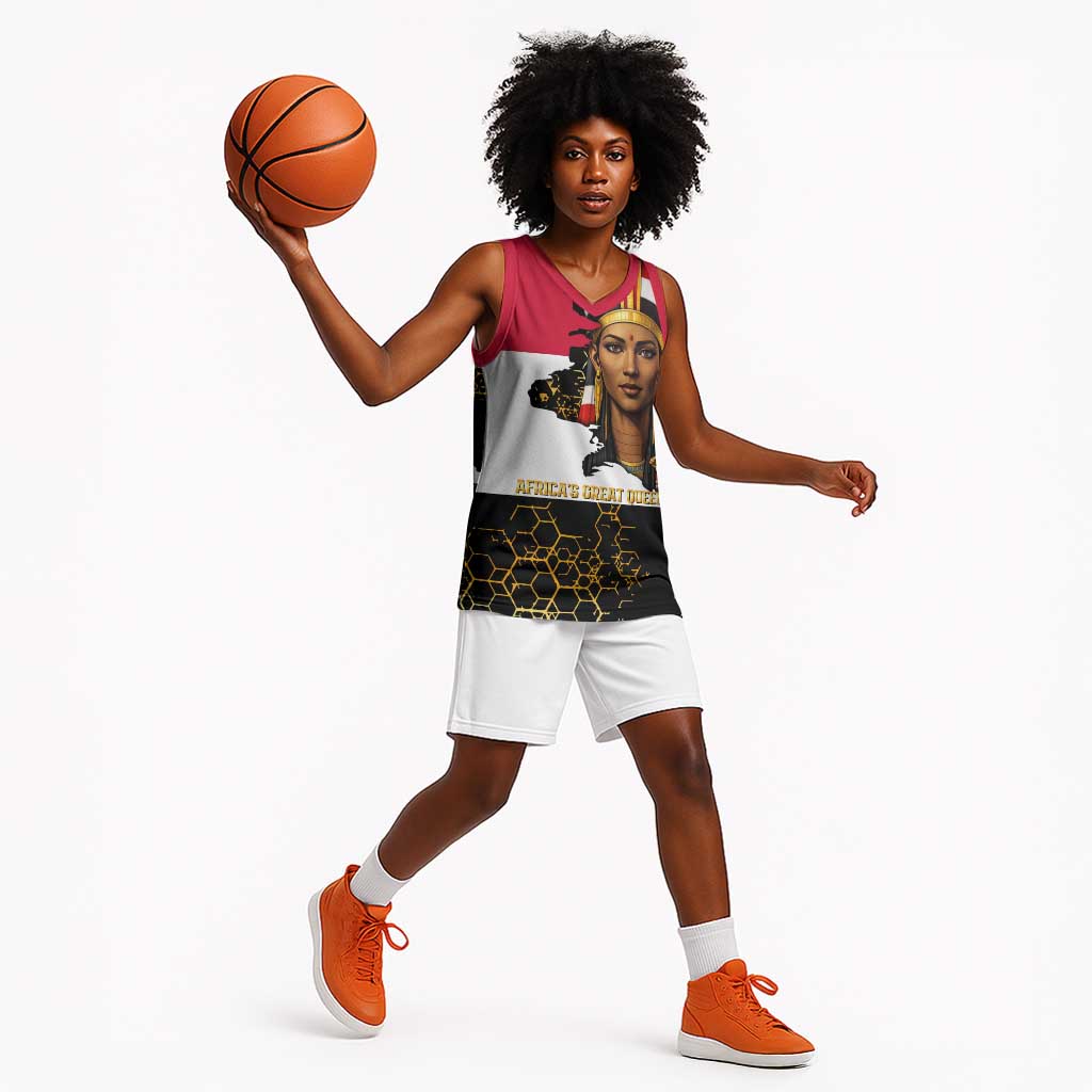 Hatshepsut Basketball Jersey with Royal Portrait, Pre-Colonial Empires Text and Red-Black Honeycomb - Wonder Print Shop