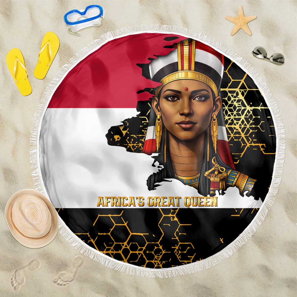 Hatshepsut Beach Blanket with Royal Portrait, Pre-Colonial Empires Text and Red-Black Honeycomb - Wonder Print Shop