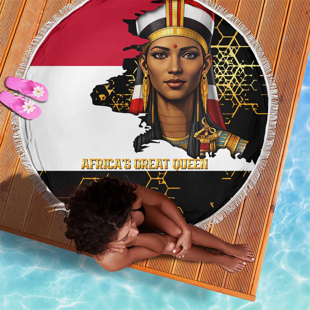 Hatshepsut Beach Blanket with Royal Portrait, Pre-Colonial Empires Text and Red-Black Honeycomb - Wonder Print Shop