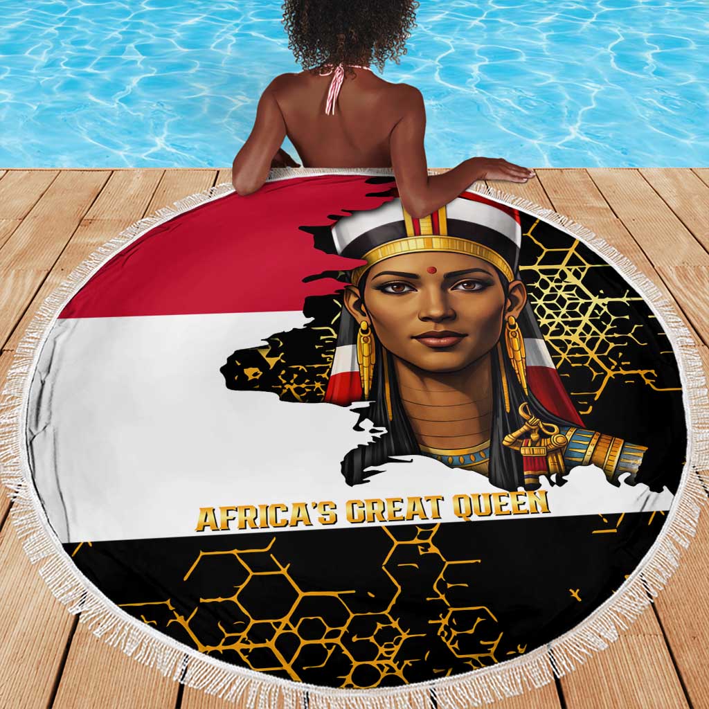 Hatshepsut Beach Blanket with Royal Portrait, Pre-Colonial Empires Text and Red-Black Honeycomb - Wonder Print Shop