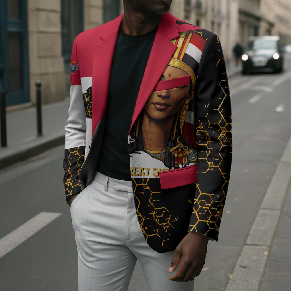 Hatshepsut Blazer with Royal Portrait, Pre-Colonial Empires Text and Red-Black Honeycomb - Wonder Print Shop