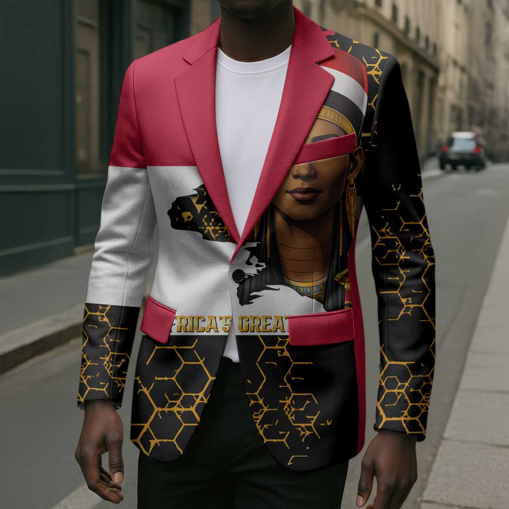 Hatshepsut Blazer with Royal Portrait, Pre-Colonial Empires Text and Red-Black Honeycomb - Wonder Print Shop