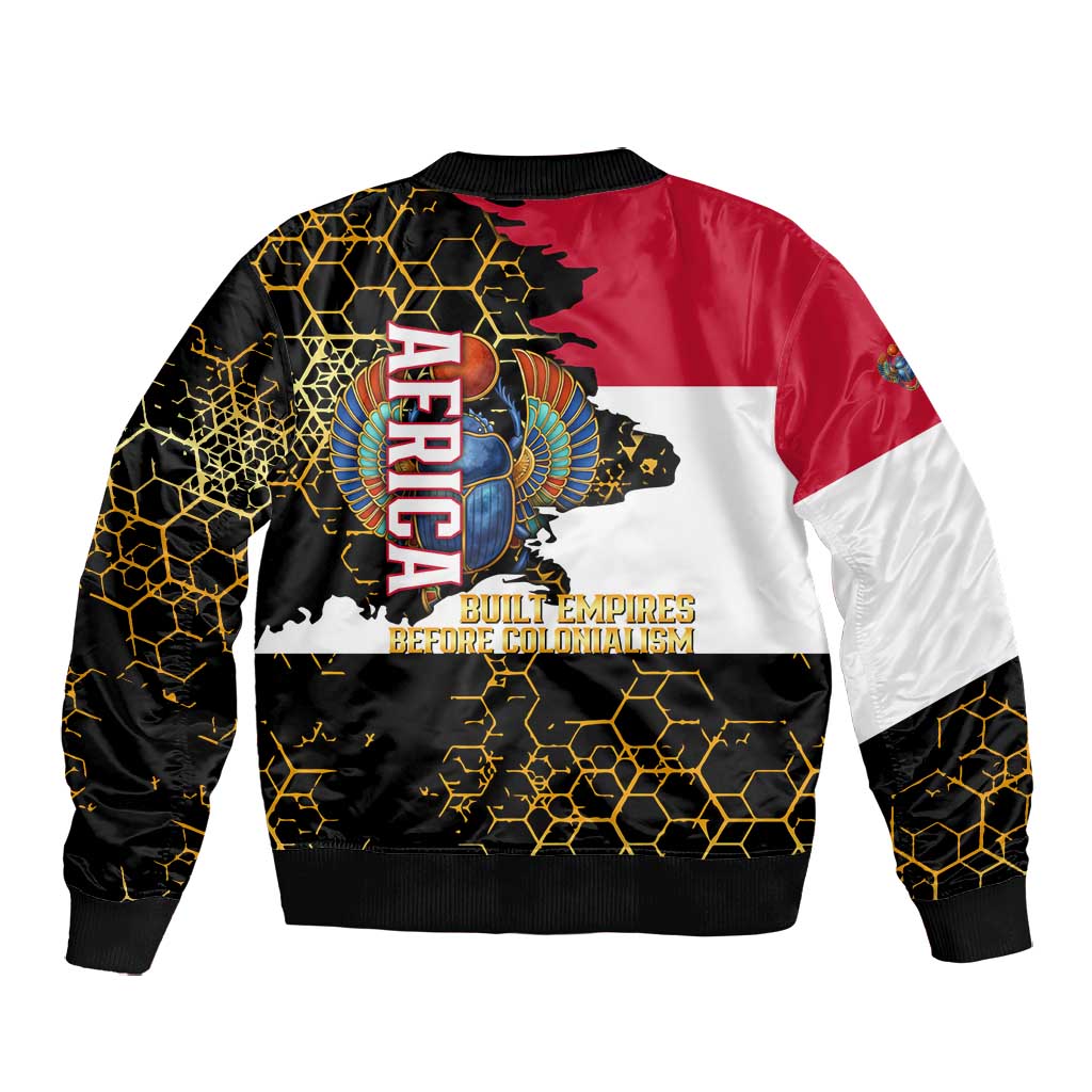Hatshepsut Bomber Jacket with Royal Portrait, Pre-Colonial Empires Text and Red-Black Honeycomb - Wonder Print Shop