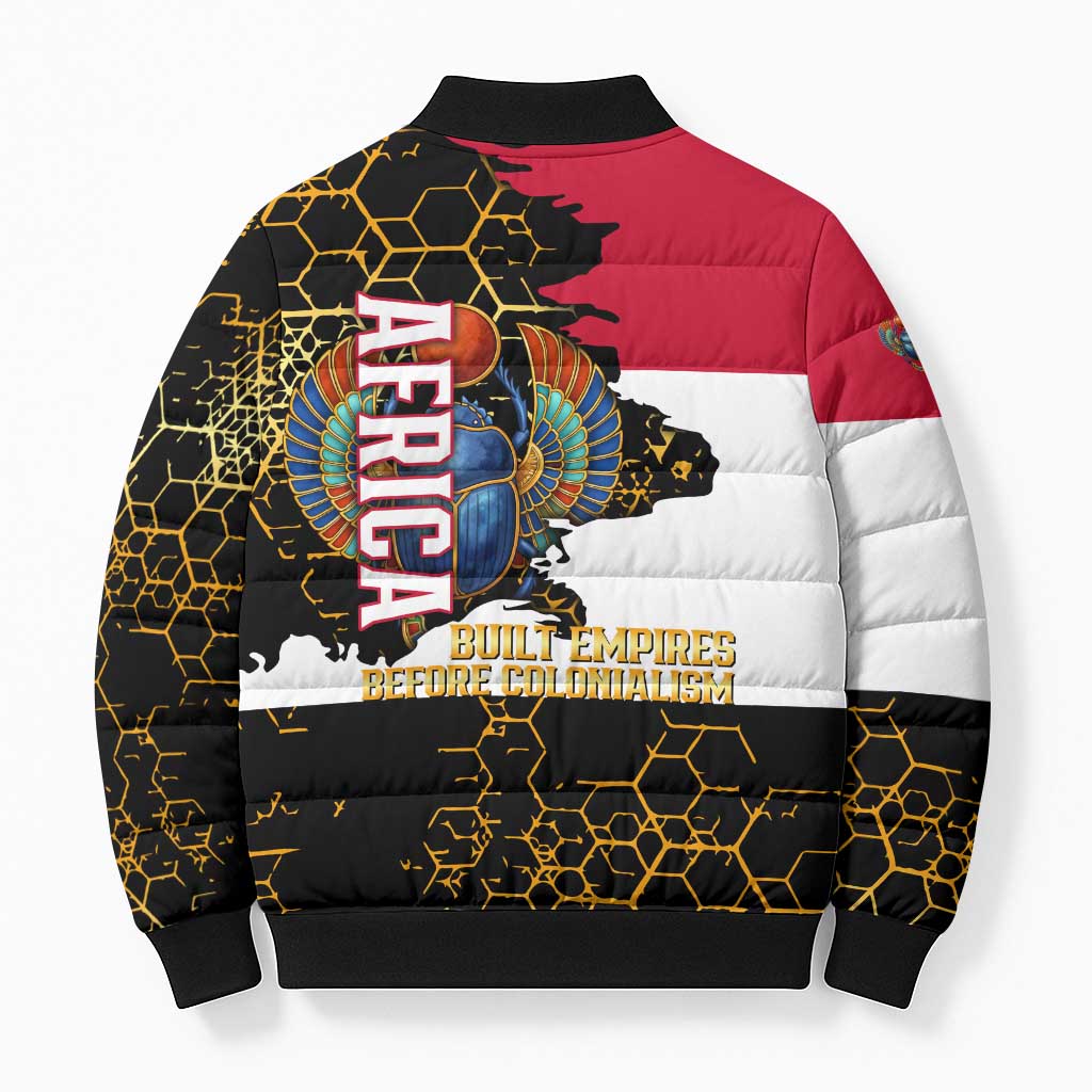 Hatshepsut Bomber Puffer Jacket with Royal Portrait, Pre-Colonial Empires Text and Red-Black Honeycomb - Wonder Print Shop