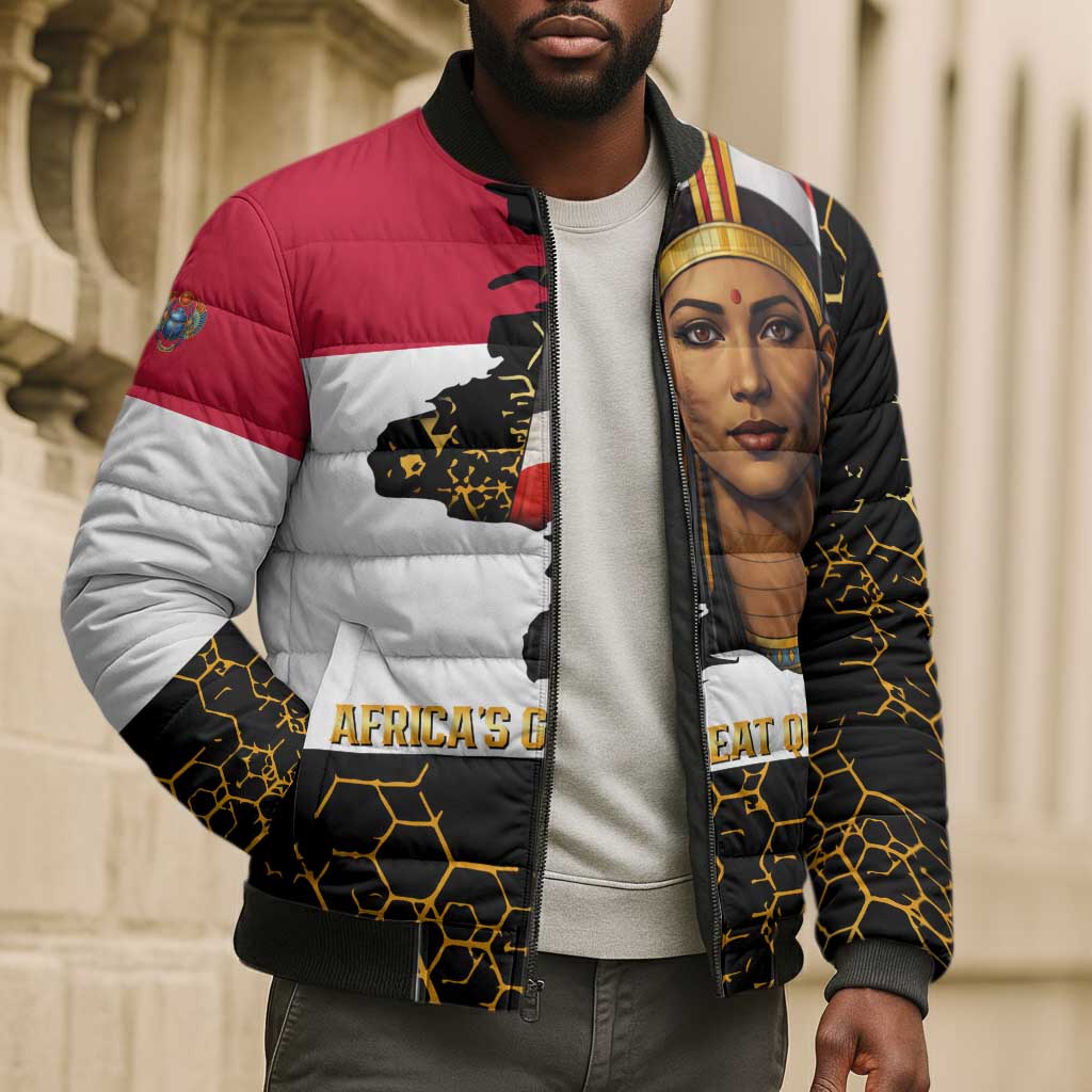 Hatshepsut Bomber Puffer Jacket with Royal Portrait, Pre-Colonial Empires Text and Red-Black Honeycomb - Wonder Print Shop