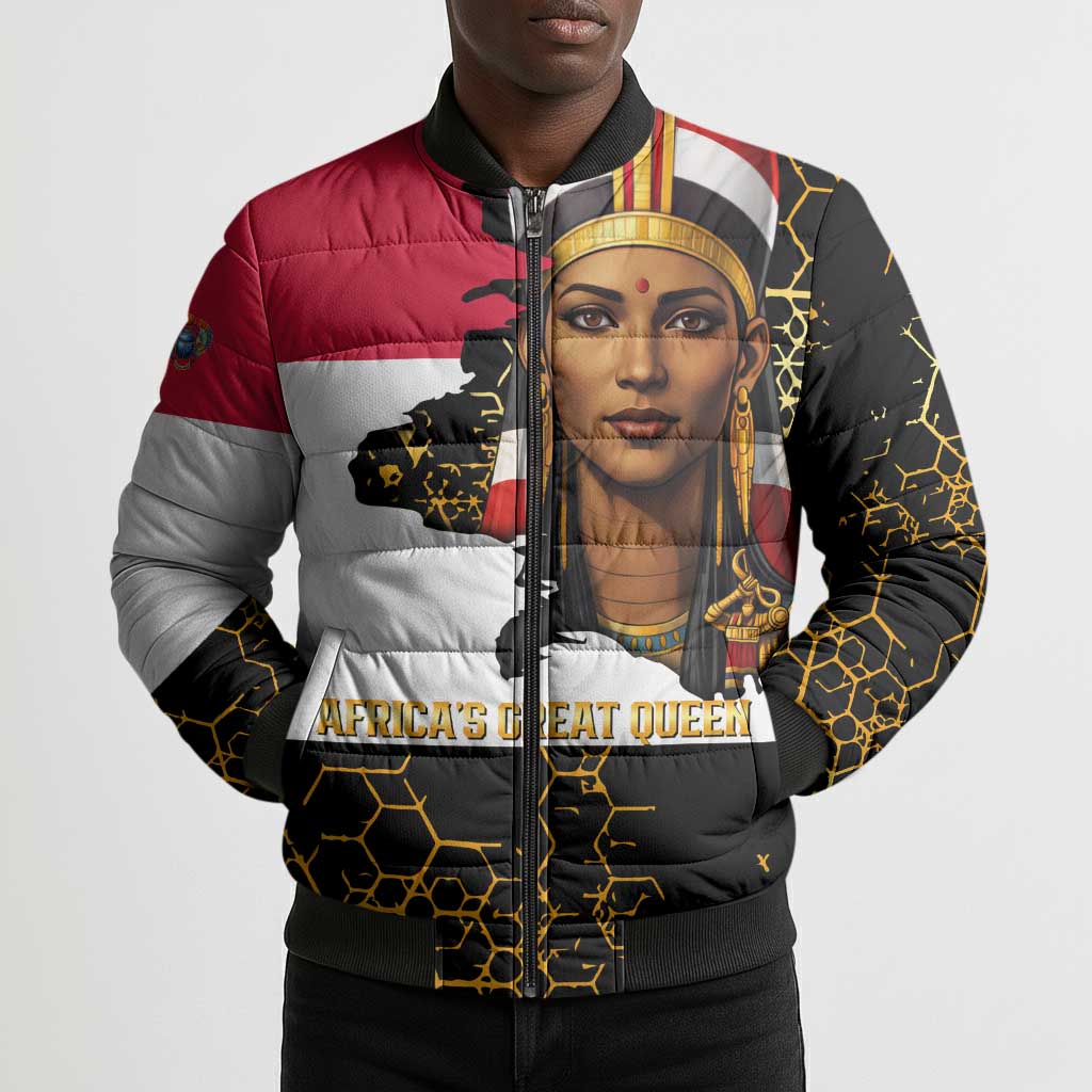 Hatshepsut Bomber Puffer Jacket with Royal Portrait, Pre-Colonial Empires Text and Red-Black Honeycomb - Wonder Print Shop