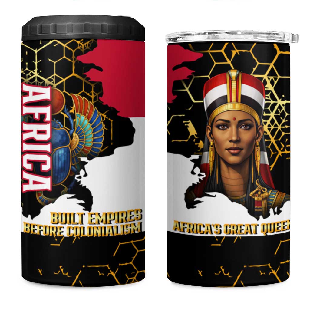 Hatshepsut 4 in 1 Can Cooler Tumbler with Royal Portrait, Pre-Colonial Empires Text and Red-Black Honeycomb - Wonder Print Shop