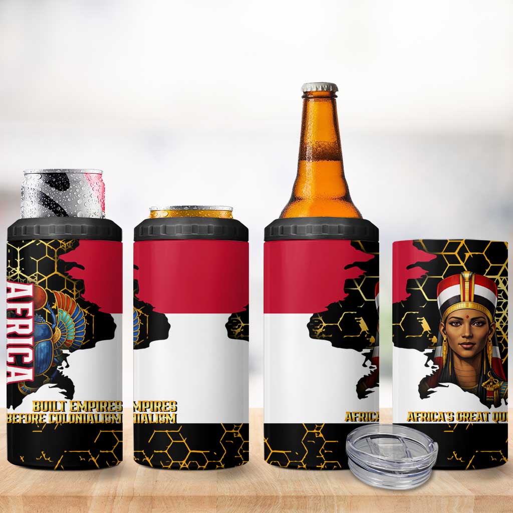 Hatshepsut 4 in 1 Can Cooler Tumbler with Royal Portrait, Pre-Colonial Empires Text and Red-Black Honeycomb - Wonder Print Shop