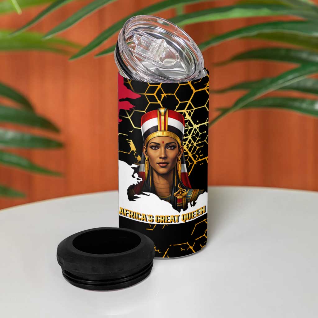 Hatshepsut 4 in 1 Can Cooler Tumbler with Royal Portrait, Pre-Colonial Empires Text and Red-Black Honeycomb - Wonder Print Shop