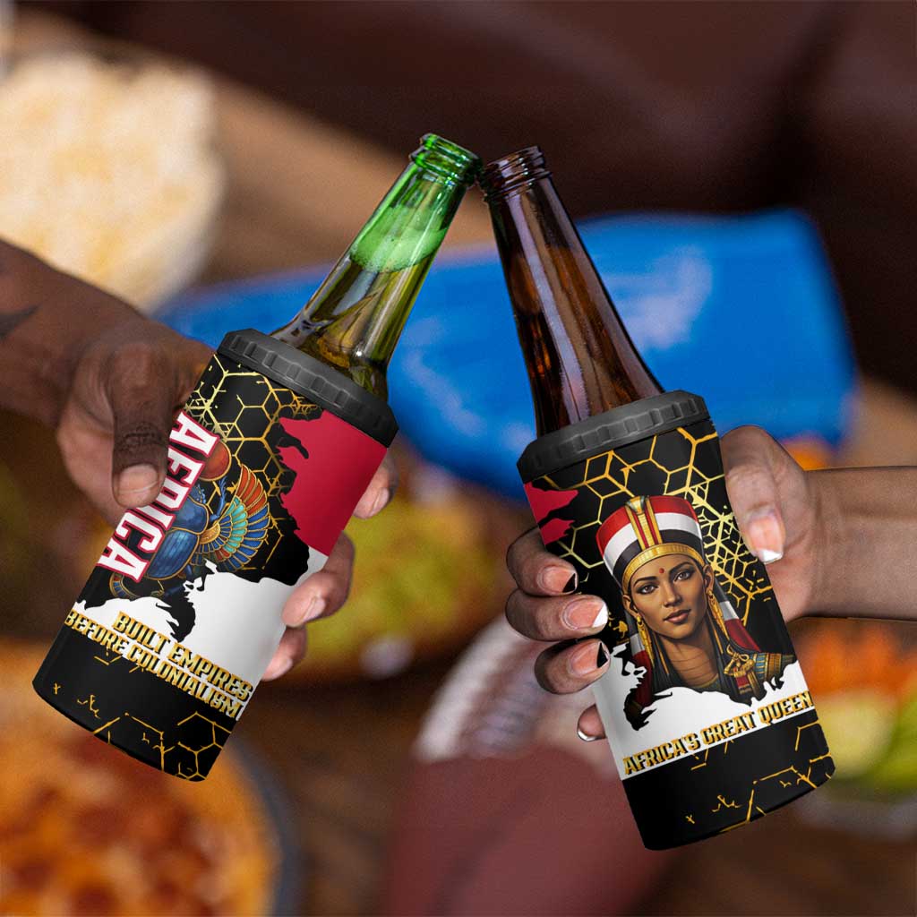 Hatshepsut 4 in 1 Can Cooler Tumbler with Royal Portrait, Pre-Colonial Empires Text and Red-Black Honeycomb - Wonder Print Shop