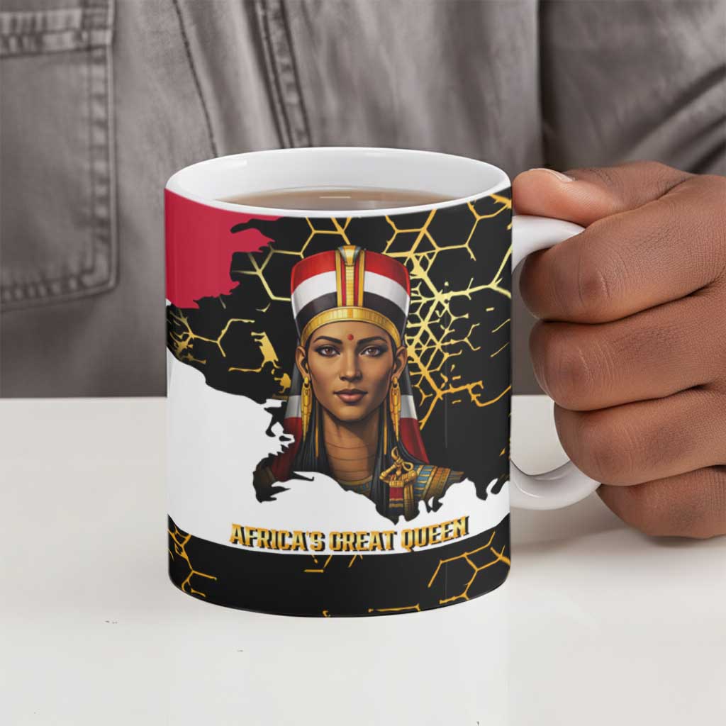 Hatshepsut Ceramic Mug with Royal Portrait, Pre-Colonial Empires Text and Red-Black Honeycomb - Wonder Print Shop