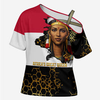 Hatshepsut Cross Shoulder Shirt with Royal Portrait, Pre-Colonial Empires Text and Red-Black Honeycomb - Wonder Print Shop
