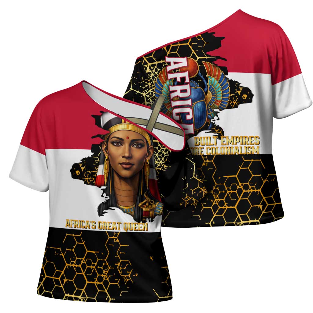 Hatshepsut Cross Shoulder Shirt with Royal Portrait, Pre-Colonial Empires Text and Red-Black Honeycomb - Wonder Print Shop
