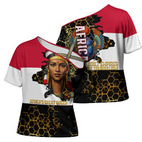 Hatshepsut Cross Shoulder Shirt with Royal Portrait, Pre-Colonial Empires Text and Red-Black Honeycomb - Wonder Print Shop