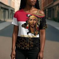 Hatshepsut Cross Shoulder Shirt with Royal Portrait, Pre-Colonial Empires Text and Red-Black Honeycomb - Wonder Print Shop