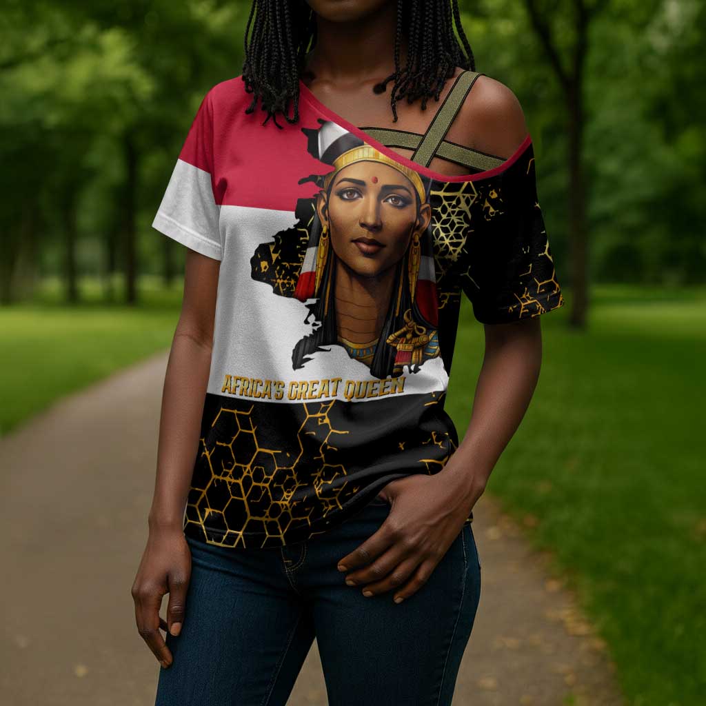 Hatshepsut Cross Shoulder Shirt with Royal Portrait, Pre-Colonial Empires Text and Red-Black Honeycomb - Wonder Print Shop