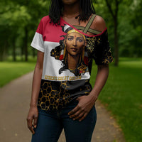 Hatshepsut Cross Shoulder Shirt with Royal Portrait, Pre-Colonial Empires Text and Red-Black Honeycomb - Wonder Print Shop