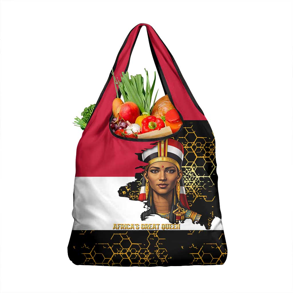 Hatshepsut Grocery Bag with Royal Portrait, Pre-Colonial Empires Text and Red-Black Honeycomb - Wonder Print Shop