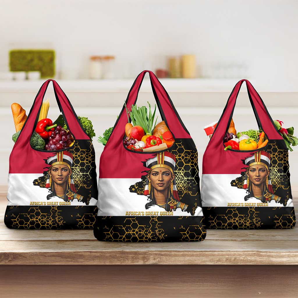 Hatshepsut Grocery Bag with Royal Portrait, Pre-Colonial Empires Text and Red-Black Honeycomb - Wonder Print Shop