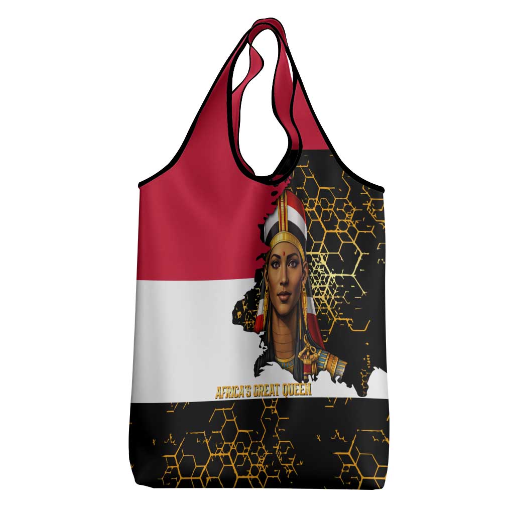 Hatshepsut Grocery Bag with Royal Portrait, Pre-Colonial Empires Text and Red-Black Honeycomb - Wonder Print Shop