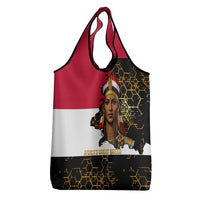 Hatshepsut Grocery Bag with Royal Portrait, Pre-Colonial Empires Text and Red-Black Honeycomb - Wonder Print Shop