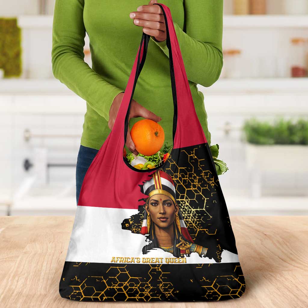 Hatshepsut Grocery Bag with Royal Portrait, Pre-Colonial Empires Text and Red-Black Honeycomb - Wonder Print Shop