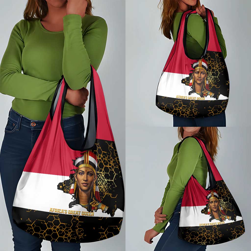 Hatshepsut Grocery Bag with Royal Portrait, Pre-Colonial Empires Text and Red-Black Honeycomb - Wonder Print Shop