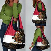 Hatshepsut Grocery Bag with Royal Portrait, Pre-Colonial Empires Text and Red-Black Honeycomb - Wonder Print Shop