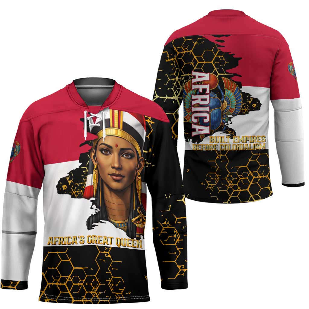 Hatshepsut Hockey Jersey with Royal Portrait, Pre-Colonial Empires Text and Red-Black Honeycomb - Wonder Print Shop