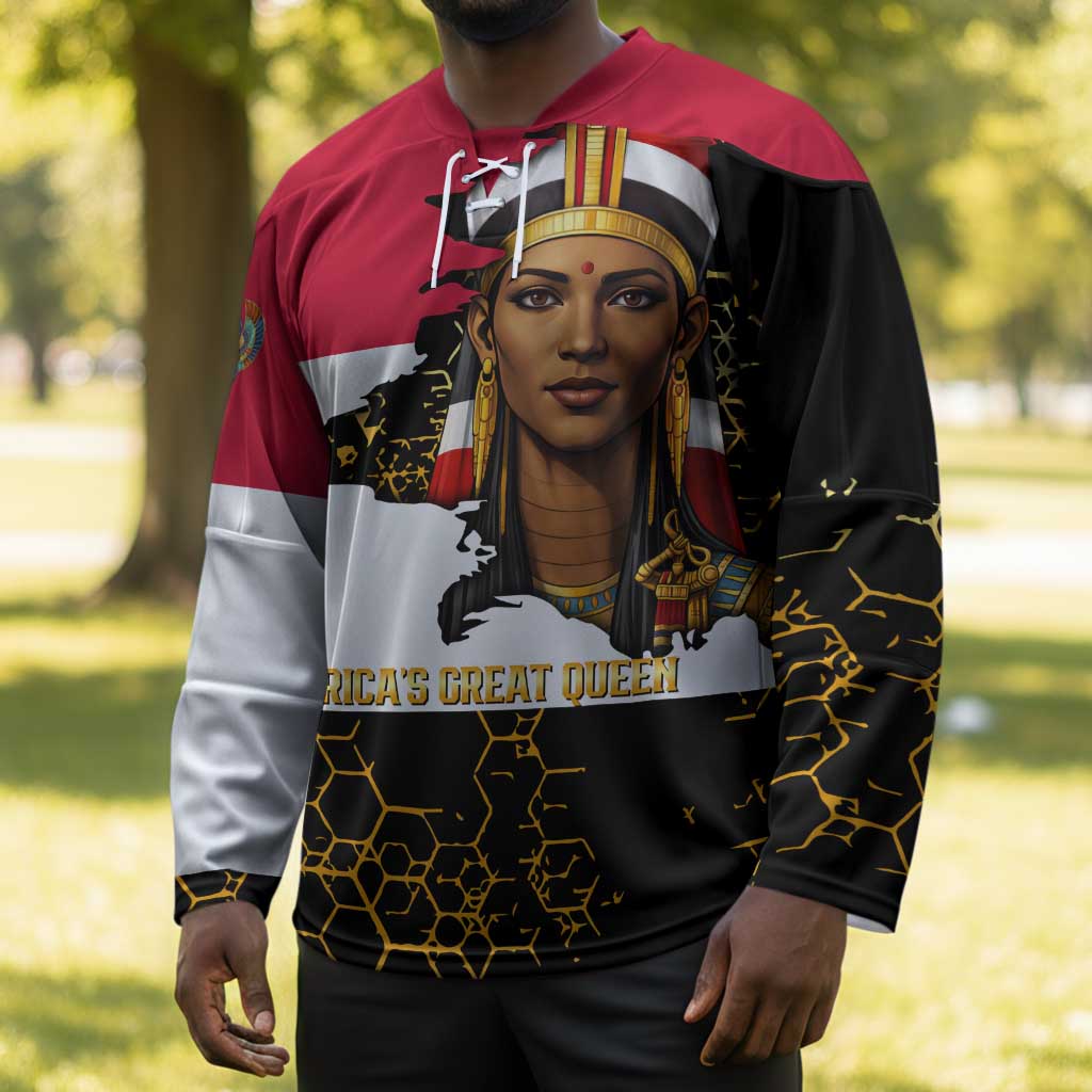 Hatshepsut Hockey Jersey with Royal Portrait, Pre-Colonial Empires Text and Red-Black Honeycomb - Wonder Print Shop