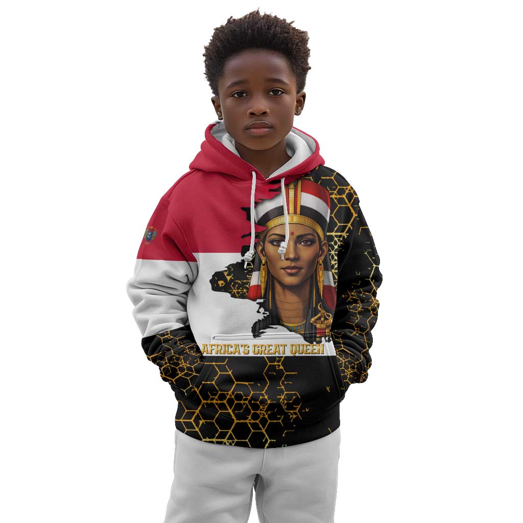 Hatshepsut Kid Hoodie with Royal Portrait, Pre-Colonial Empires Text and Red-Black Honeycomb - Wonder Print Shop