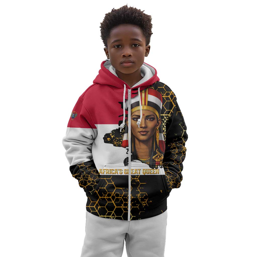 Hatshepsut Kid Hoodie with Royal Portrait, Pre-Colonial Empires Text and Red-Black Honeycomb - Wonder Print Shop