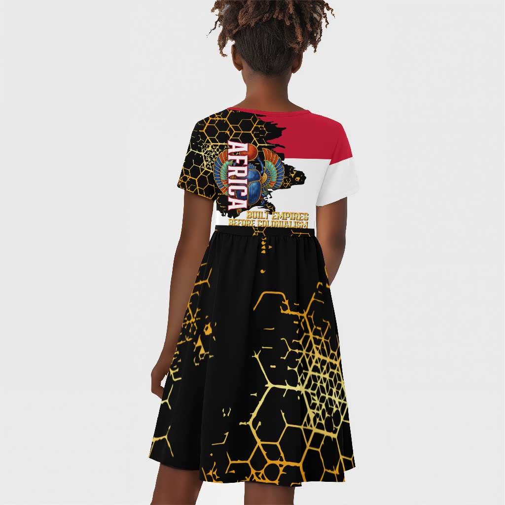 Hatshepsut Kid Short Sleeve Dress with Royal Portrait, Pre-Colonial Empires Text and Red-Black Honeycomb - Wonder Print Shop