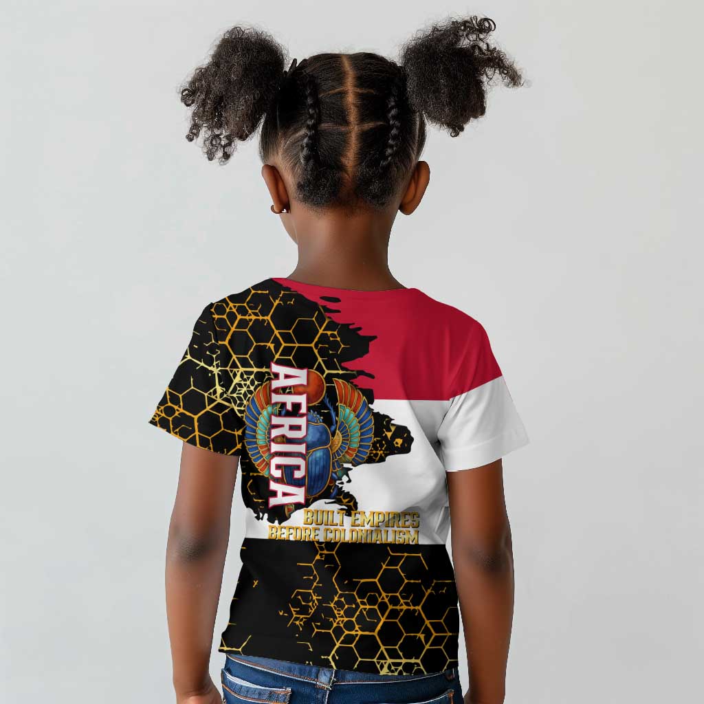 Hatshepsut Kid T shirt with Royal Portrait, Pre-Colonial Empires Text and Red-Black Honeycomb - Wonder Print Shop