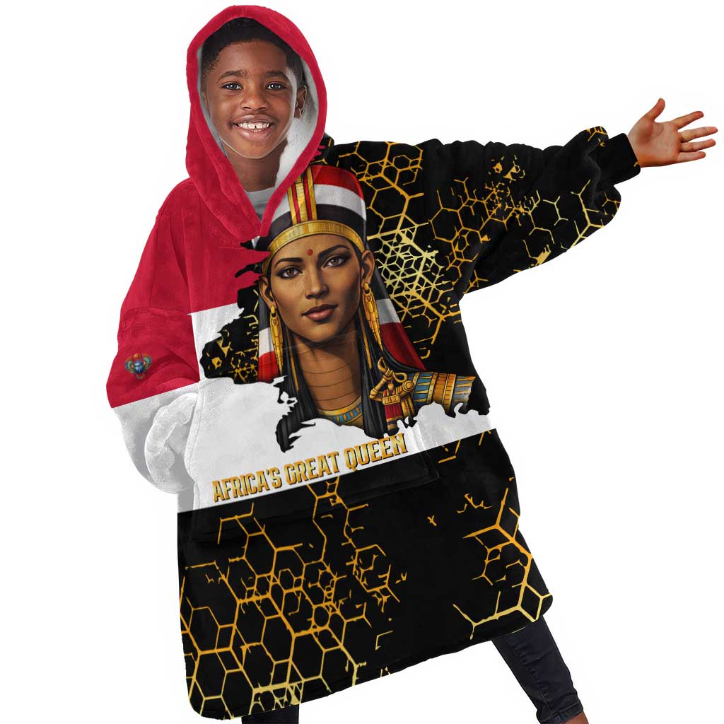 Hatshepsut Kid Wearable Blanket Hoodie with Royal Portrait, Pre-Colonial Empires Text and Red-Black Honeycomb - Wonder Print Shop