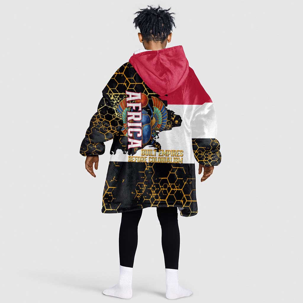 Hatshepsut Kid Wearable Blanket Hoodie with Royal Portrait, Pre-Colonial Empires Text and Red-Black Honeycomb - Wonder Print Shop