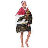Hatshepsut Kid Wearable Blanket Hoodie with Royal Portrait, Pre-Colonial Empires Text and Red-Black Honeycomb - Wonder Print Shop