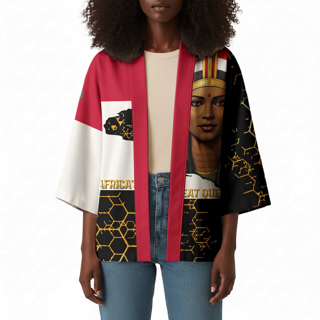 Hatshepsut Kimono with Royal Portrait, Pre-Colonial Empires Text and Red-Black Honeycomb - Wonder Print Shop