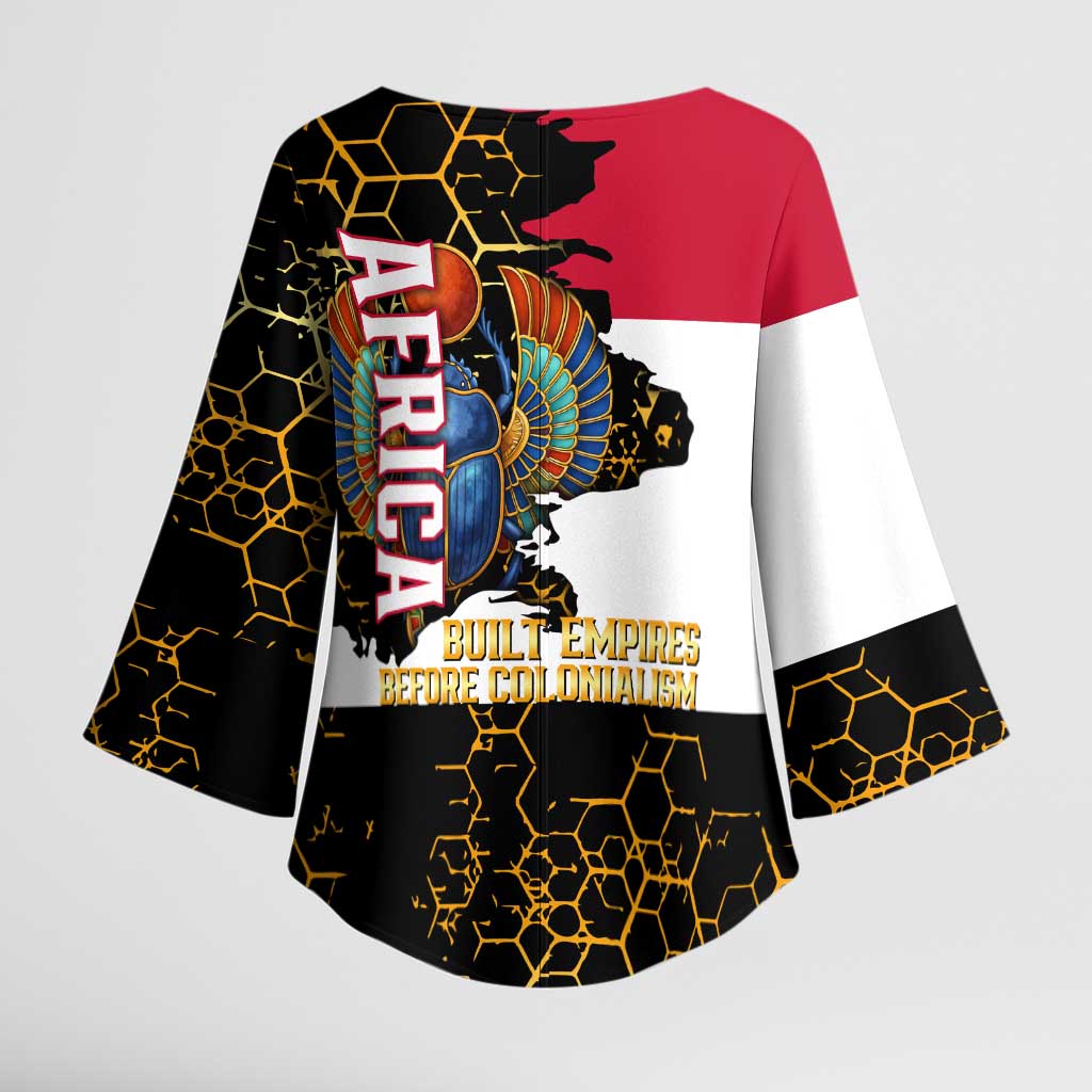 Hatshepsut Kimono Sleeve Blouse with Royal Portrait, Pre-Colonial Empires Text and Red-Black Honeycomb - Wonder Print Shop