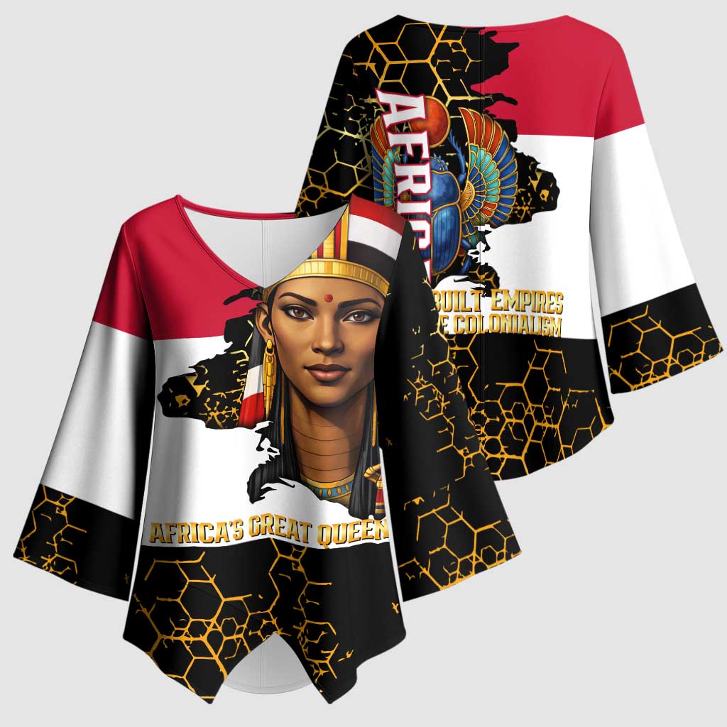 Hatshepsut Kimono Sleeve Blouse with Royal Portrait, Pre-Colonial Empires Text and Red-Black Honeycomb - Wonder Print Shop