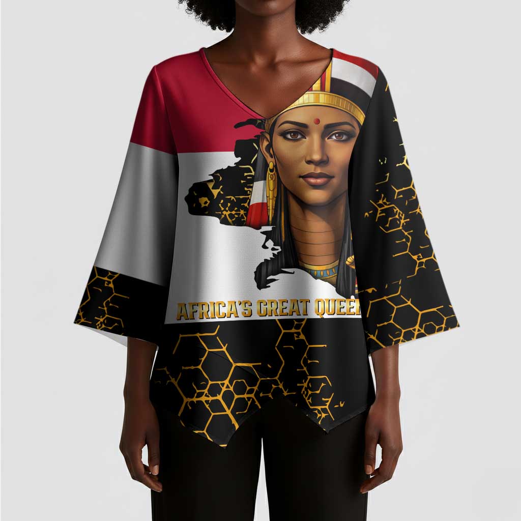 Hatshepsut Kimono Sleeve Blouse with Royal Portrait, Pre-Colonial Empires Text and Red-Black Honeycomb - Wonder Print Shop