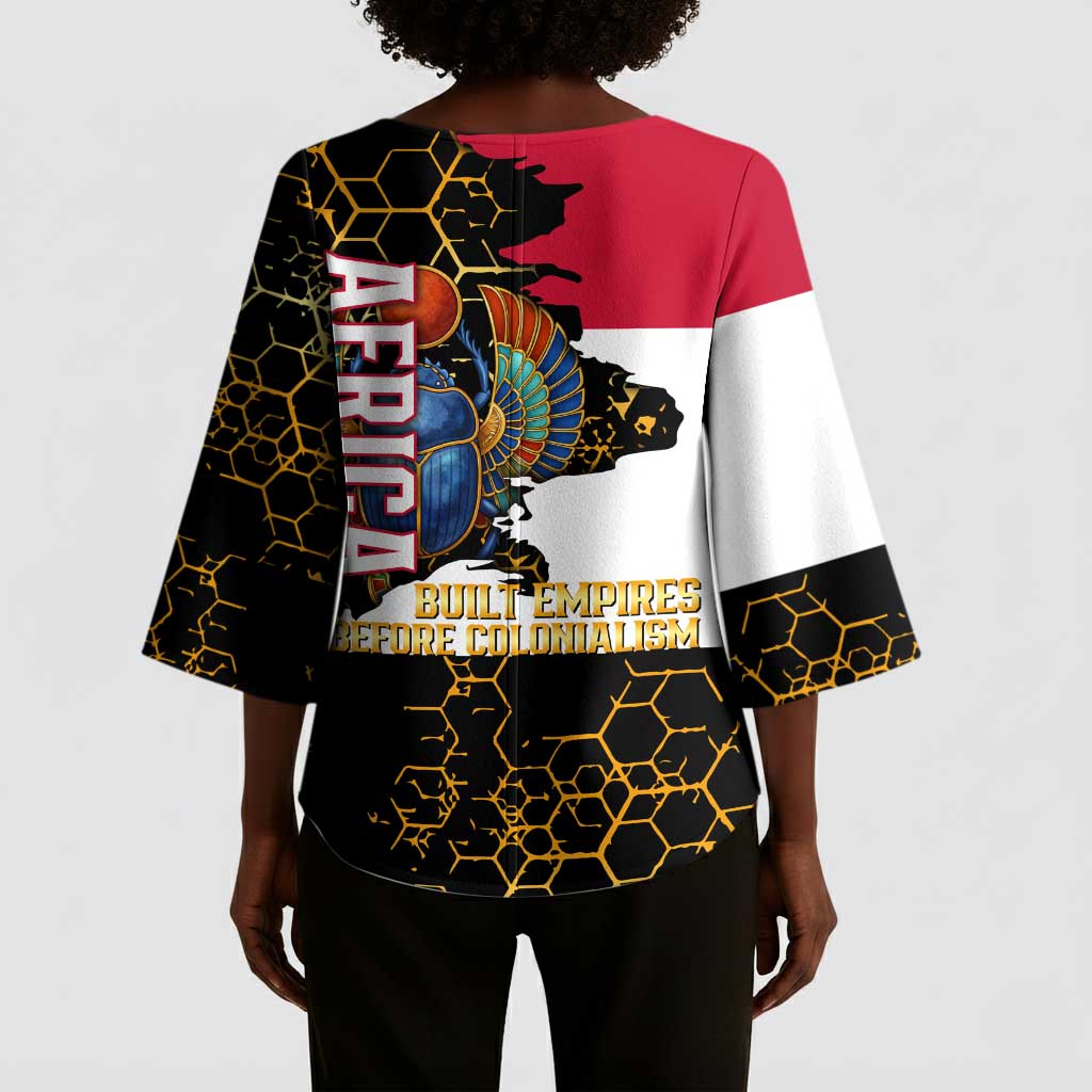Hatshepsut Kimono Sleeve Blouse with Royal Portrait, Pre-Colonial Empires Text and Red-Black Honeycomb - Wonder Print Shop