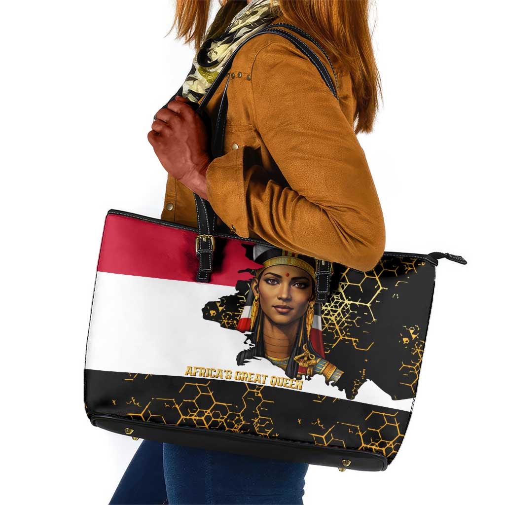 Hatshepsut Leather Tote Bag with Royal Portrait, Pre-Colonial Empires Text and Red-Black Honeycomb - Wonder Print Shop