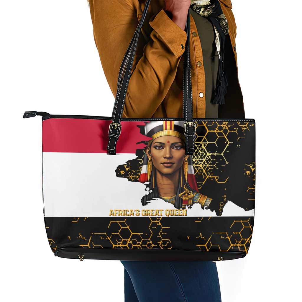 Hatshepsut Leather Tote Bag with Royal Portrait, Pre-Colonial Empires Text and Red-Black Honeycomb - Wonder Print Shop