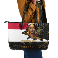Hatshepsut Leather Tote Bag with Royal Portrait, Pre-Colonial Empires Text and Red-Black Honeycomb - Wonder Print Shop