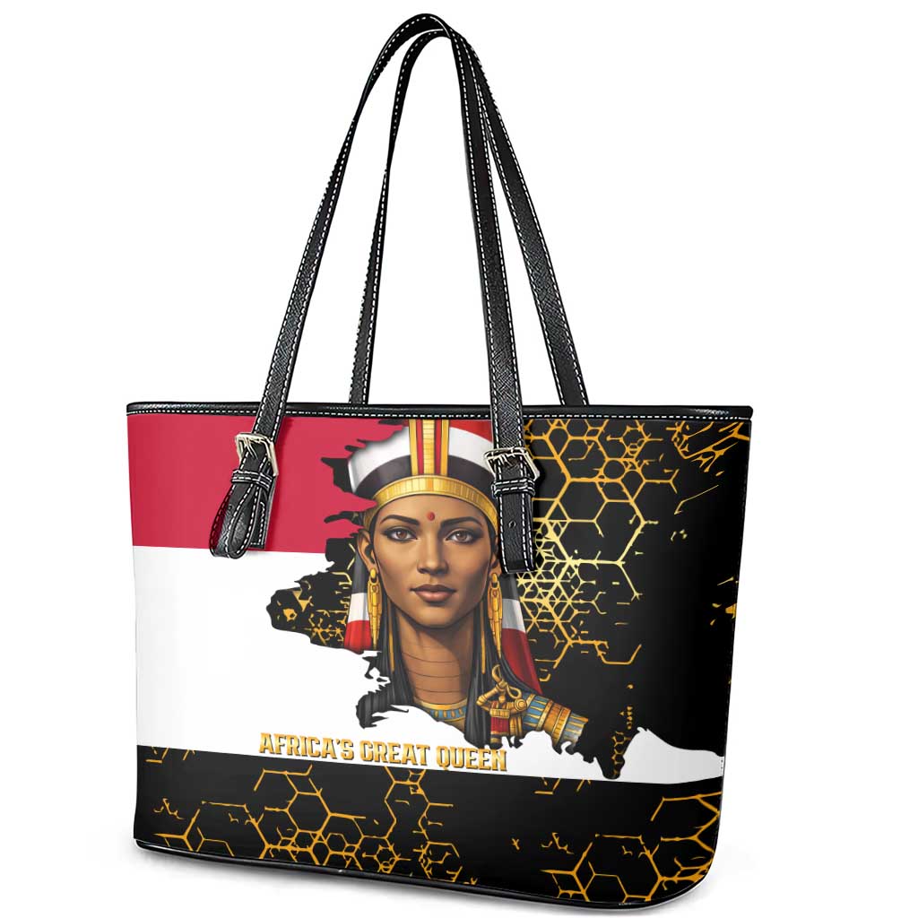 Hatshepsut Leather Tote Bag with Royal Portrait, Pre-Colonial Empires Text and Red-Black Honeycomb - Wonder Print Shop