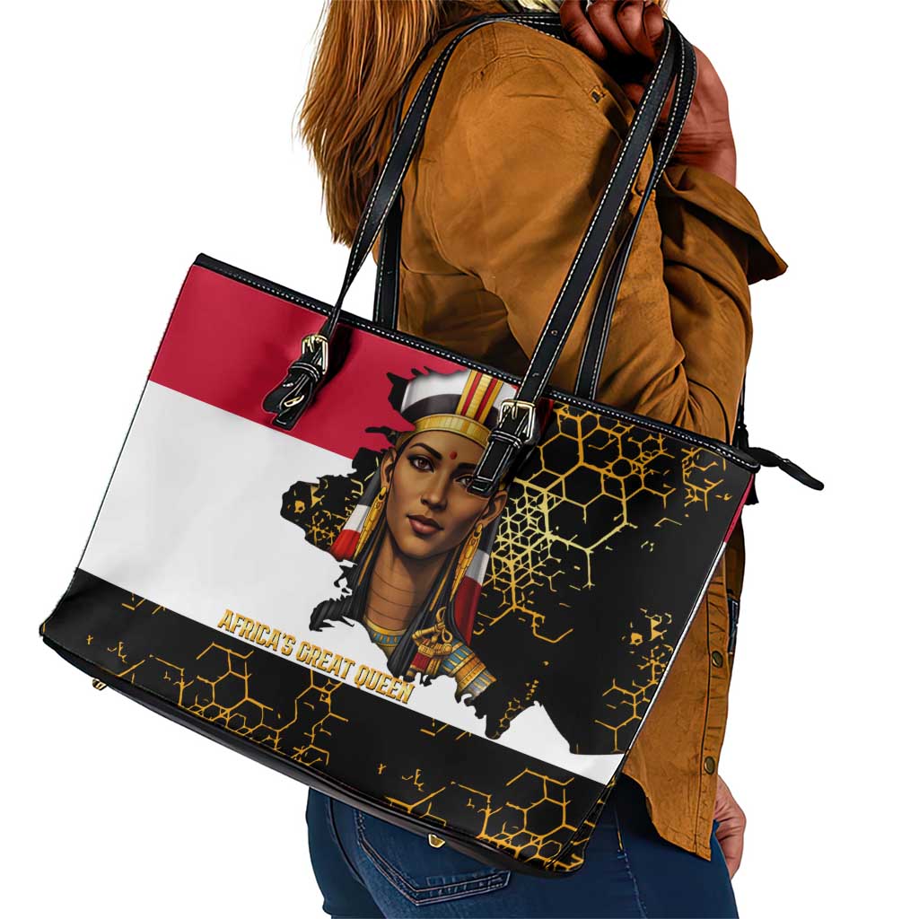 Hatshepsut Leather Tote Bag with Royal Portrait, Pre-Colonial Empires Text and Red-Black Honeycomb - Wonder Print Shop