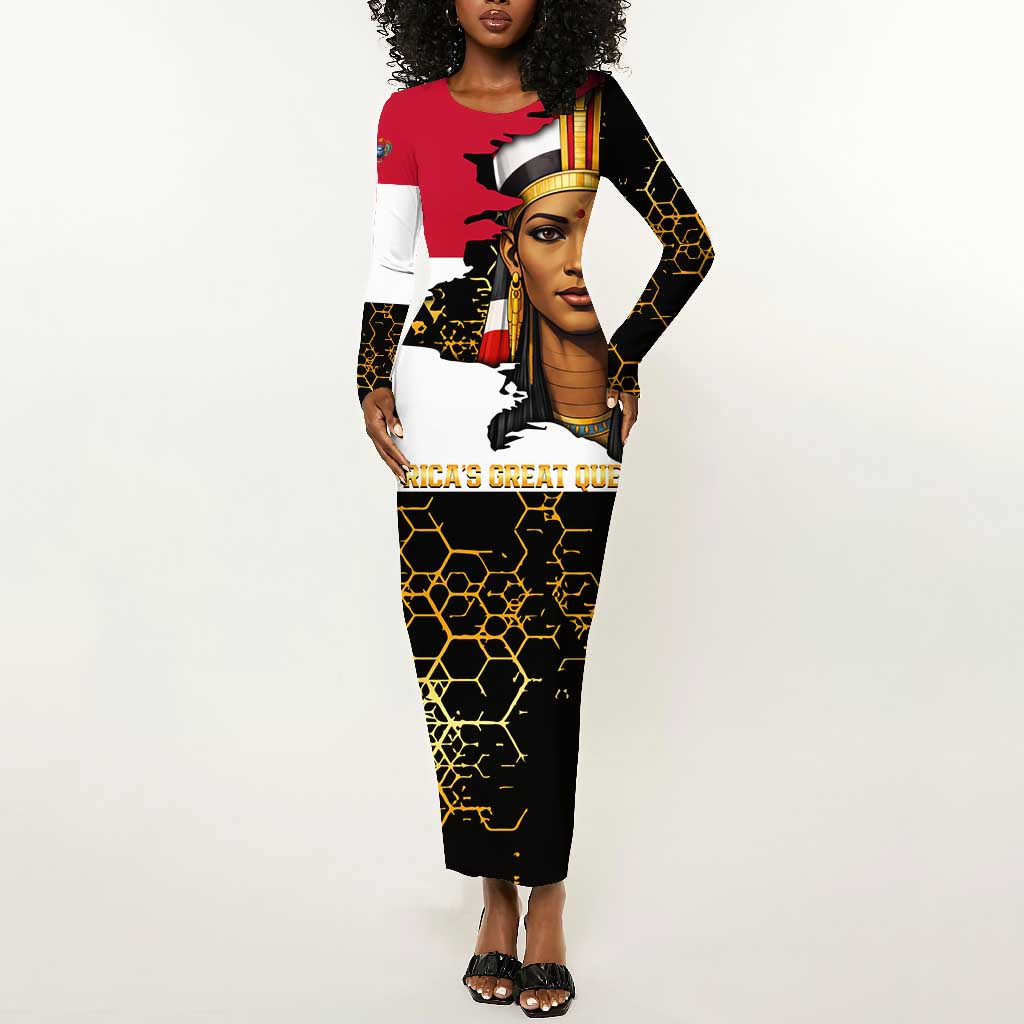Hatshepsut Long Sleeve Bodycon Dress with Royal Portrait, Pre-Colonial Empires Text and Red-Black Honeycomb - Wonder Print Shop