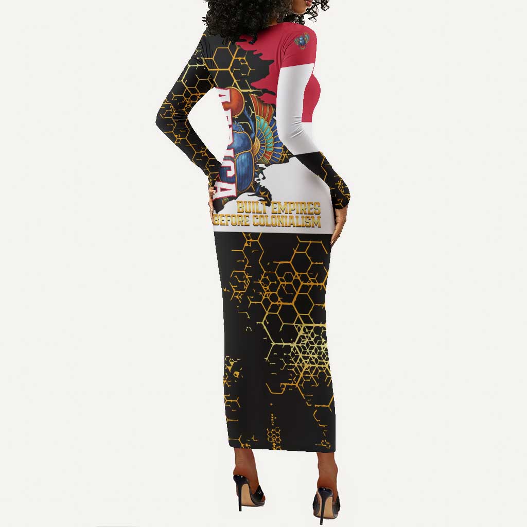 Hatshepsut Long Sleeve Bodycon Dress with Royal Portrait, Pre-Colonial Empires Text and Red-Black Honeycomb - Wonder Print Shop