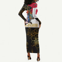 Hatshepsut Long Sleeve Bodycon Dress with Royal Portrait, Pre-Colonial Empires Text and Red-Black Honeycomb - Wonder Print Shop